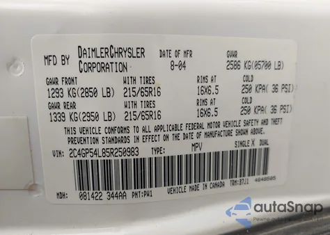 2005 Chrysler Town & Country Touring z USA, uszkodzony, nr VIN 2C4GP54L85R250983